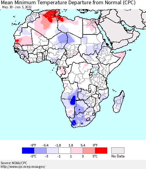 Africa Mean Minimum Temperature Departure from Normal (CPC) Thematic Map For 5/30/2022 - 6/5/2022