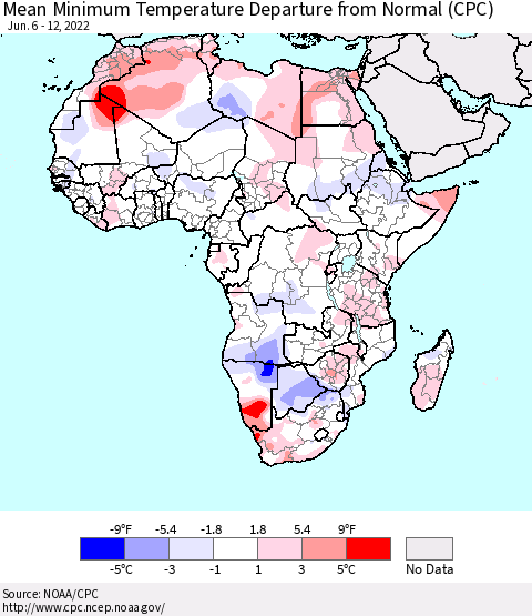 Africa Mean Minimum Temperature Departure from Normal (CPC) Thematic Map For 6/6/2022 - 6/12/2022