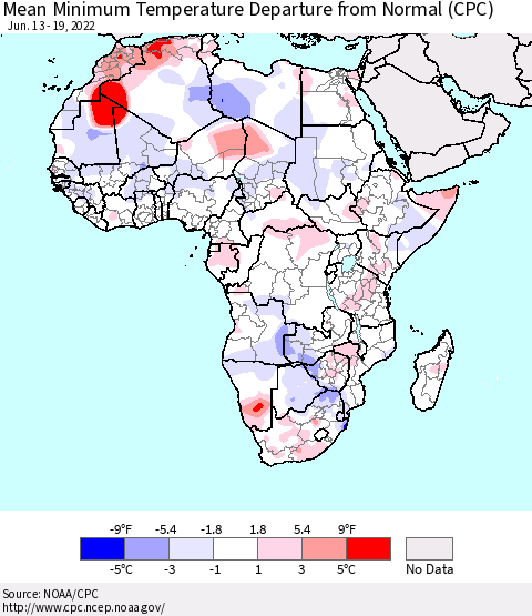 Africa Mean Minimum Temperature Departure from Normal (CPC) Thematic Map For 6/13/2022 - 6/19/2022