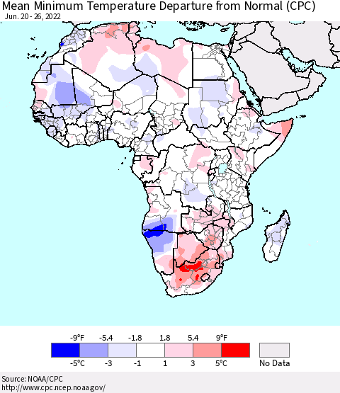 Africa Mean Minimum Temperature Departure from Normal (CPC) Thematic Map For 6/20/2022 - 6/26/2022