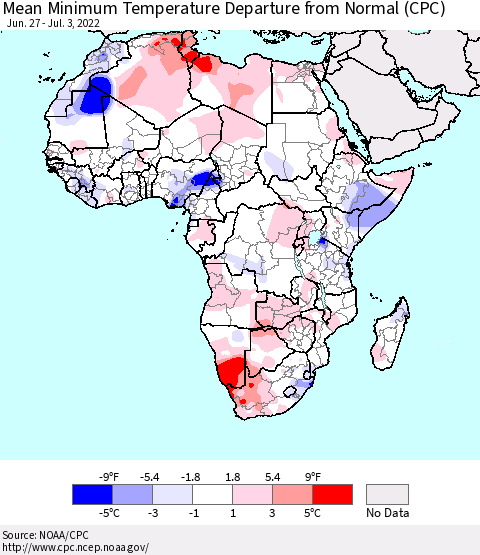 Africa Mean Minimum Temperature Departure from Normal (CPC) Thematic Map For 6/27/2022 - 7/3/2022