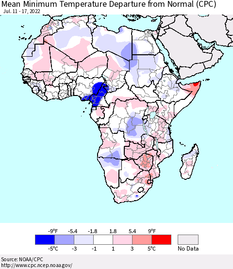 Africa Mean Minimum Temperature Departure from Normal (CPC) Thematic Map For 7/11/2022 - 7/17/2022