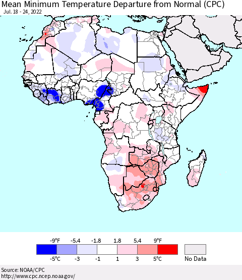 Africa Mean Minimum Temperature Departure from Normal (CPC) Thematic Map For 7/18/2022 - 7/24/2022