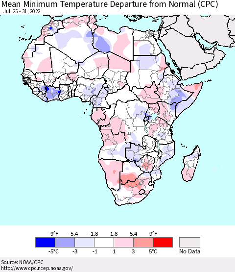 Africa Mean Minimum Temperature Departure from Normal (CPC) Thematic Map For 7/25/2022 - 7/31/2022