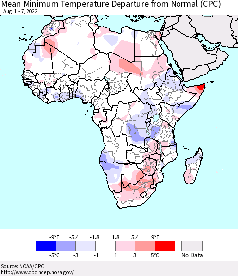 Africa Mean Minimum Temperature Departure from Normal (CPC) Thematic Map For 8/1/2022 - 8/7/2022