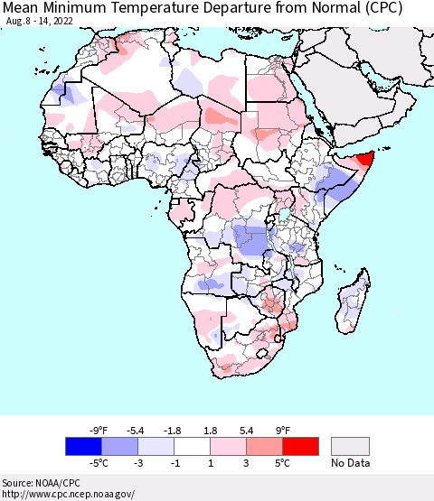 Africa Mean Minimum Temperature Departure from Normal (CPC) Thematic Map For 8/8/2022 - 8/14/2022
