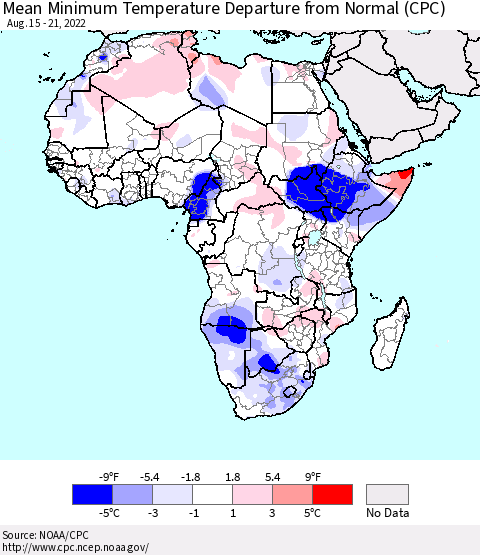 Africa Mean Minimum Temperature Departure from Normal (CPC) Thematic Map For 8/15/2022 - 8/21/2022