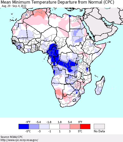Africa Mean Minimum Temperature Departure from Normal (CPC) Thematic Map For 8/29/2022 - 9/4/2022