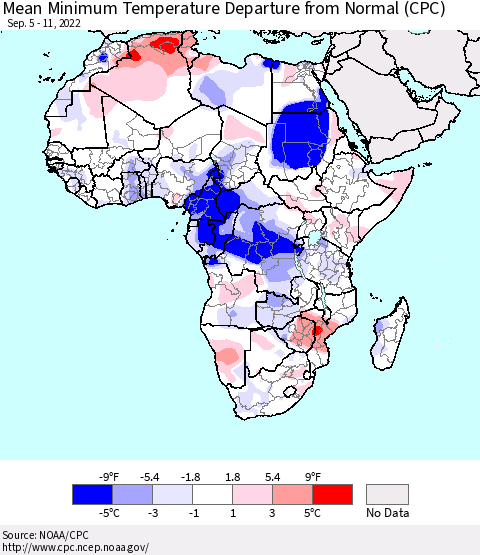 Africa Mean Minimum Temperature Departure from Normal (CPC) Thematic Map For 9/5/2022 - 9/11/2022
