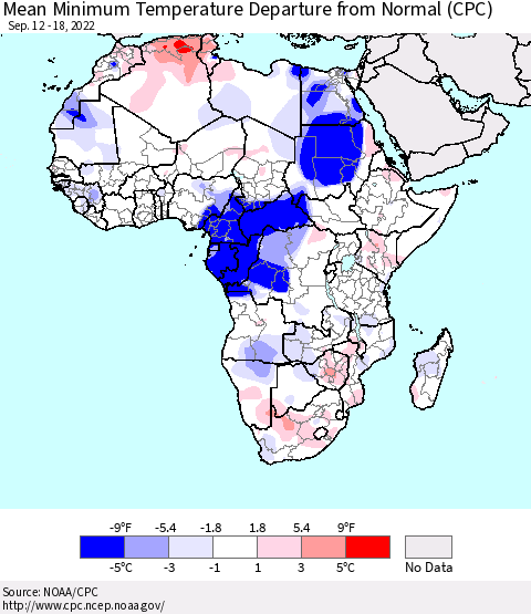 Africa Mean Minimum Temperature Departure from Normal (CPC) Thematic Map For 9/12/2022 - 9/18/2022