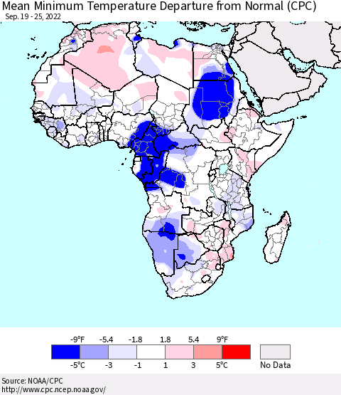 Africa Mean Minimum Temperature Departure from Normal (CPC) Thematic Map For 9/19/2022 - 9/25/2022