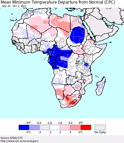 Africa Mean Minimum Temperature Departure from Normal (CPC) Thematic Map For 9/26/2022 - 10/2/2022
