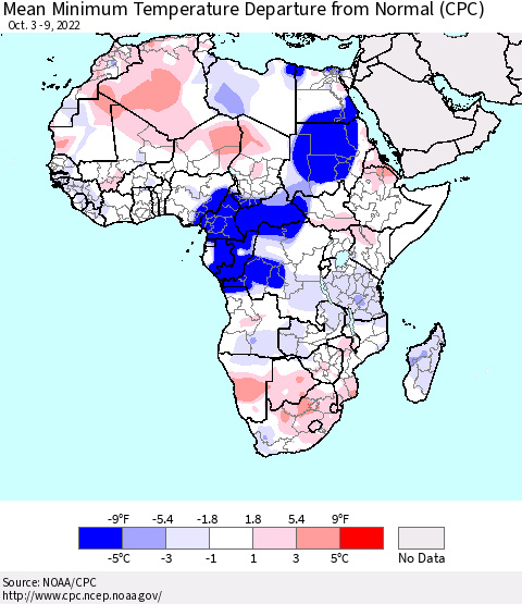 Africa Mean Minimum Temperature Departure from Normal (CPC) Thematic Map For 10/3/2022 - 10/9/2022