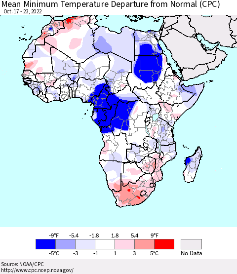 Africa Mean Minimum Temperature Departure from Normal (CPC) Thematic Map For 10/17/2022 - 10/23/2022