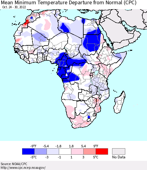 Africa Mean Minimum Temperature Departure from Normal (CPC) Thematic Map For 10/24/2022 - 10/30/2022