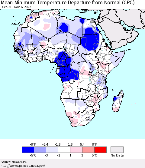 Africa Mean Minimum Temperature Departure from Normal (CPC) Thematic Map For 10/31/2022 - 11/6/2022