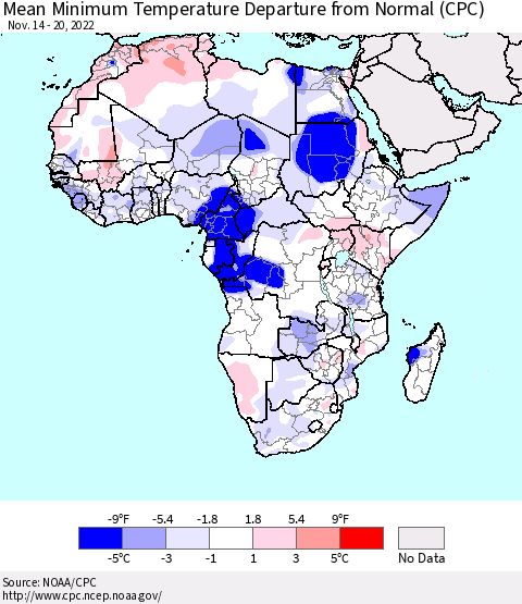 Africa Mean Minimum Temperature Departure from Normal (CPC) Thematic Map For 11/14/2022 - 11/20/2022