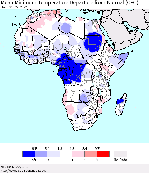 Africa Mean Minimum Temperature Departure from Normal (CPC) Thematic Map For 11/21/2022 - 11/27/2022