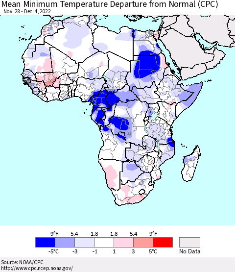 Africa Mean Minimum Temperature Departure from Normal (CPC) Thematic Map For 11/28/2022 - 12/4/2022