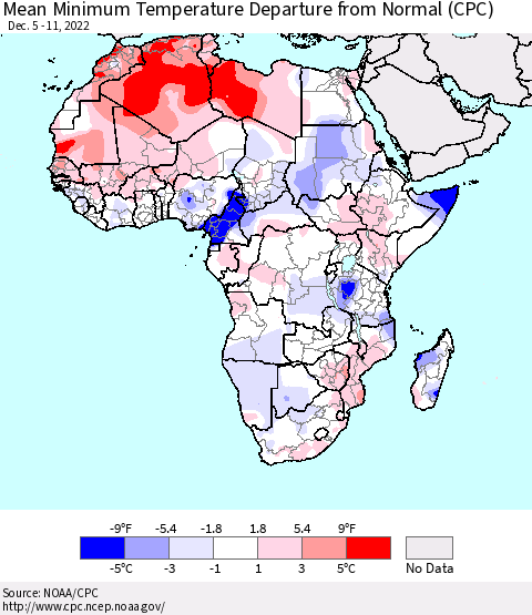 Africa Mean Minimum Temperature Departure from Normal (CPC) Thematic Map For 12/5/2022 - 12/11/2022