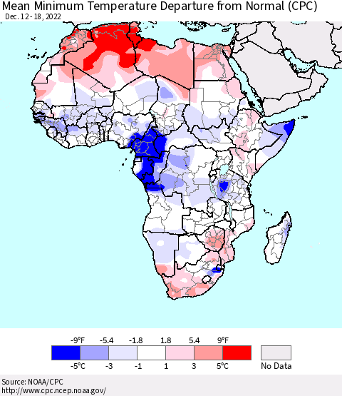 Africa Mean Minimum Temperature Departure from Normal (CPC) Thematic Map For 12/12/2022 - 12/18/2022