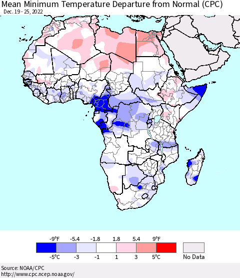Africa Mean Minimum Temperature Departure from Normal (CPC) Thematic Map For 12/19/2022 - 12/25/2022
