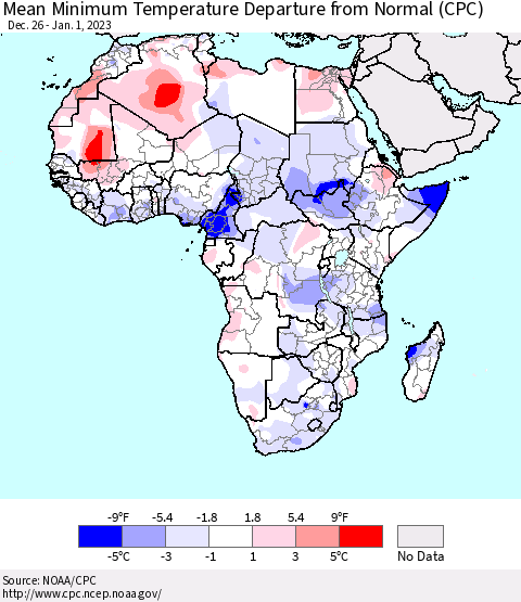 Africa Mean Minimum Temperature Departure from Normal (CPC) Thematic Map For 12/26/2022 - 1/1/2023
