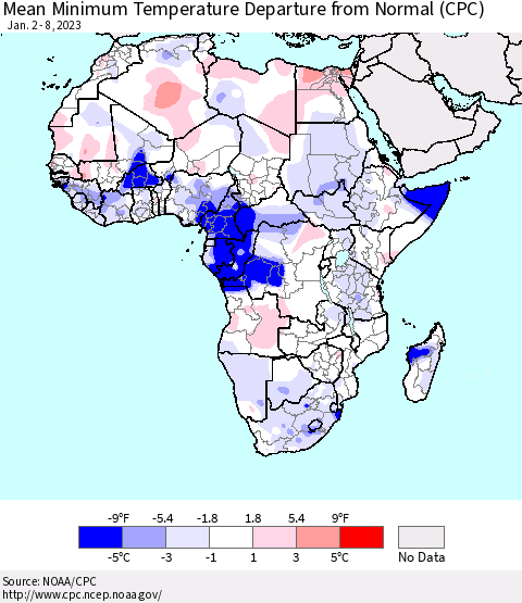 Africa Mean Minimum Temperature Departure from Normal (CPC) Thematic Map For 1/2/2023 - 1/8/2023