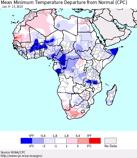 Africa Mean Minimum Temperature Departure from Normal (CPC) Thematic Map For 1/9/2023 - 1/15/2023