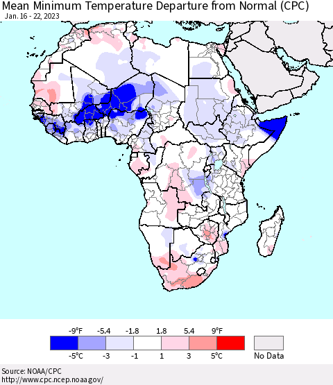 Africa Mean Minimum Temperature Departure from Normal (CPC) Thematic Map For 1/16/2023 - 1/22/2023