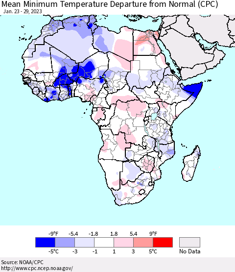 Africa Mean Minimum Temperature Departure from Normal (CPC) Thematic Map For 1/23/2023 - 1/29/2023
