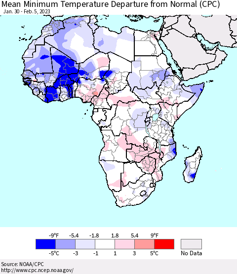 Africa Mean Minimum Temperature Departure from Normal (CPC) Thematic Map For 1/30/2023 - 2/5/2023