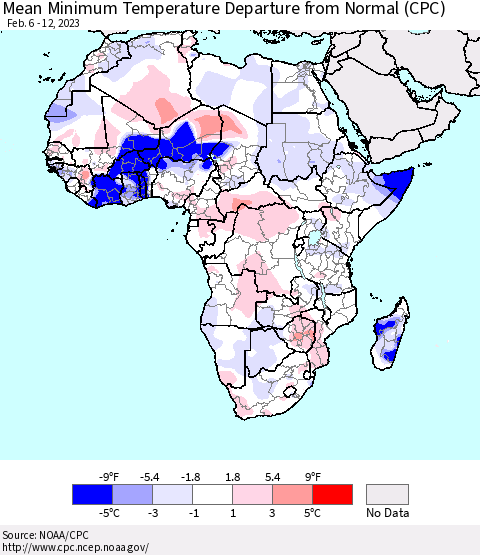 Africa Mean Minimum Temperature Departure from Normal (CPC) Thematic Map For 2/6/2023 - 2/12/2023