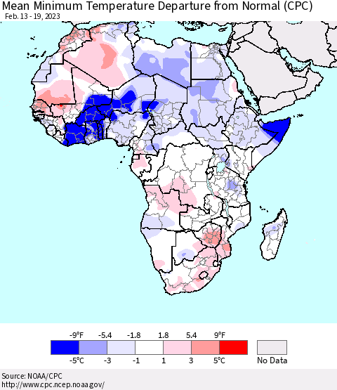 Africa Mean Minimum Temperature Departure from Normal (CPC) Thematic Map For 2/13/2023 - 2/19/2023