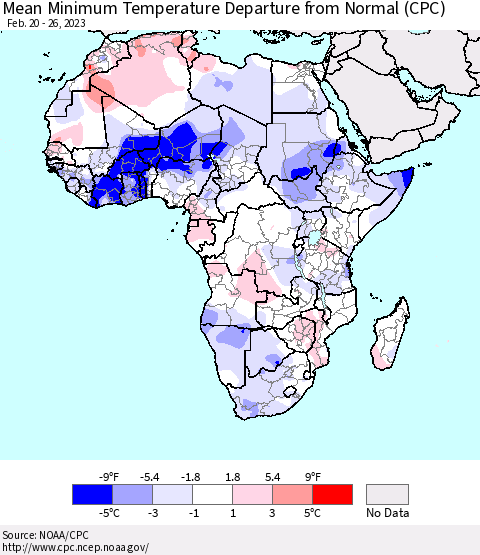 Africa Mean Minimum Temperature Departure from Normal (CPC) Thematic Map For 2/20/2023 - 2/26/2023
