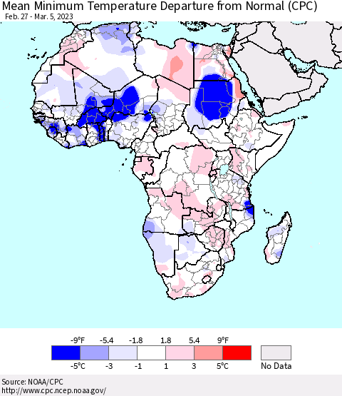 Africa Mean Minimum Temperature Departure from Normal (CPC) Thematic Map For 2/27/2023 - 3/5/2023