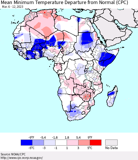 Africa Mean Minimum Temperature Departure from Normal (CPC) Thematic Map For 3/6/2023 - 3/12/2023