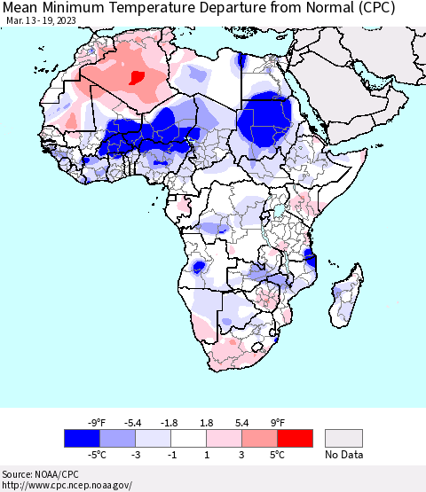 Africa Mean Minimum Temperature Departure from Normal (CPC) Thematic Map For 3/13/2023 - 3/19/2023
