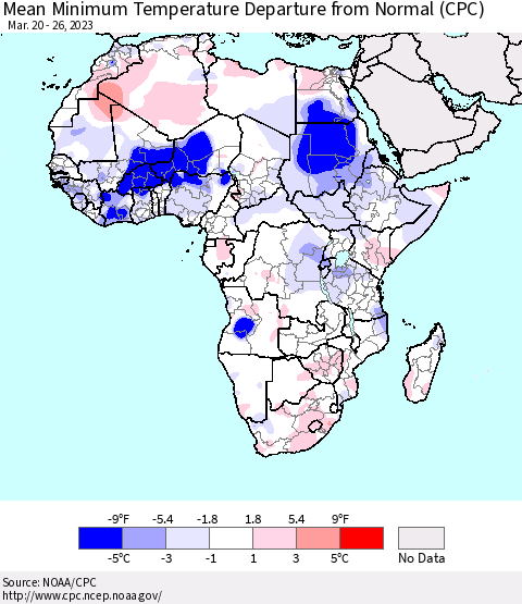 Africa Mean Minimum Temperature Departure from Normal (CPC) Thematic Map For 3/20/2023 - 3/26/2023
