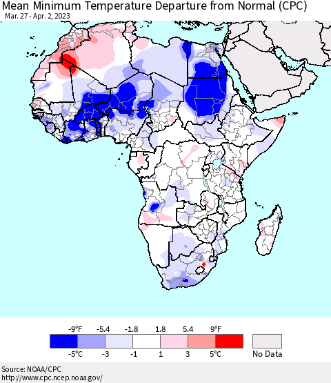 Africa Mean Minimum Temperature Departure from Normal (CPC) Thematic Map For 3/27/2023 - 4/2/2023