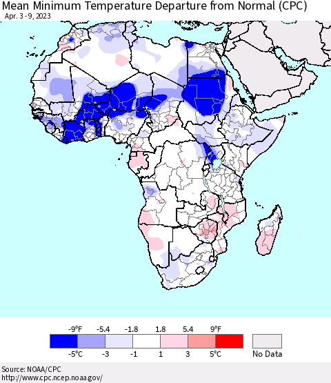 Africa Mean Minimum Temperature Departure from Normal (CPC) Thematic Map For 4/3/2023 - 4/9/2023