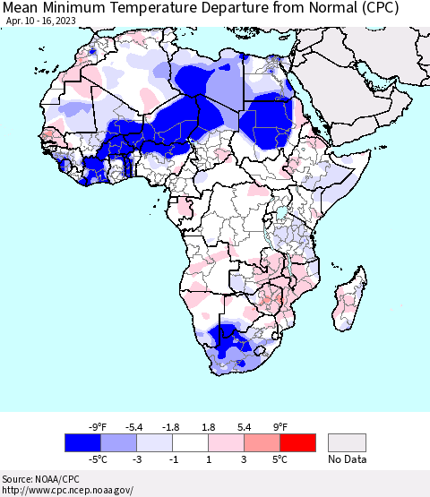 Africa Mean Minimum Temperature Departure from Normal (CPC) Thematic Map For 4/10/2023 - 4/16/2023
