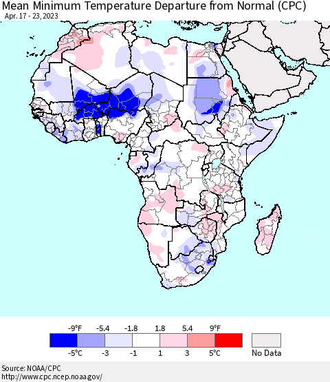 Africa Mean Minimum Temperature Departure from Normal (CPC) Thematic Map For 4/17/2023 - 4/23/2023