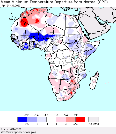 Africa Mean Minimum Temperature Departure from Normal (CPC) Thematic Map For 4/24/2023 - 4/30/2023