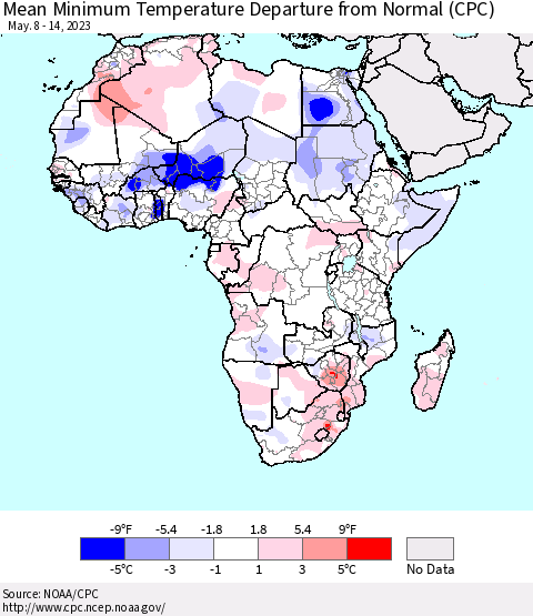 Africa Mean Minimum Temperature Departure from Normal (CPC) Thematic Map For 5/8/2023 - 5/14/2023