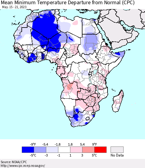 Africa Mean Minimum Temperature Departure from Normal (CPC) Thematic Map For 5/15/2023 - 5/21/2023