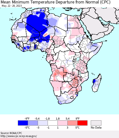 Africa Mean Minimum Temperature Departure from Normal (CPC) Thematic Map For 5/22/2023 - 5/28/2023
