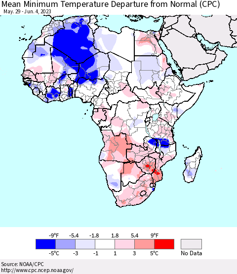 Africa Mean Minimum Temperature Departure from Normal (CPC) Thematic Map For 5/29/2023 - 6/4/2023