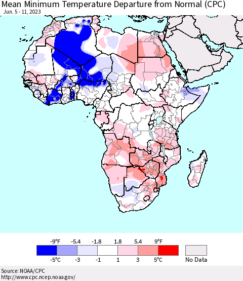 Africa Mean Minimum Temperature Departure from Normal (CPC) Thematic Map For 6/5/2023 - 6/11/2023