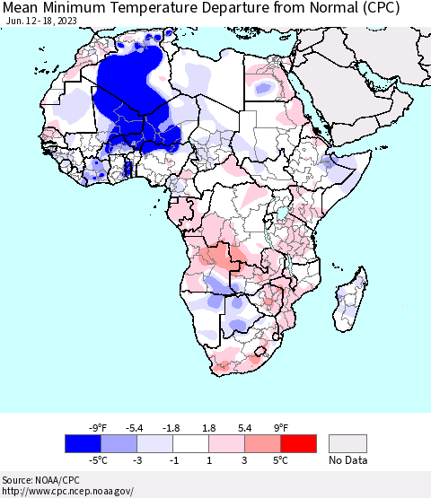 Africa Mean Minimum Temperature Departure from Normal (CPC) Thematic Map For 6/12/2023 - 6/18/2023